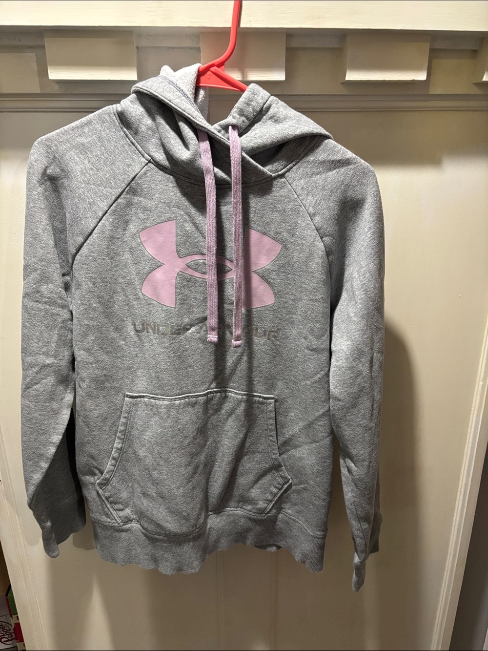 Under Armour Men's Grey Crewneck Hoodie with Pink Logo